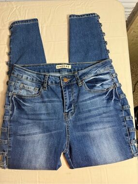 Encore Jeans Women's Dark Blue Skinny Jeans with Side Ladder Detail